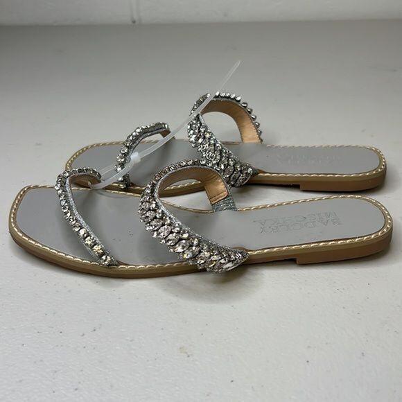 Women’s Badgley Mischka Women's Thina Flat Sandal sz 5 Silver Rhinestone Slide - Picture 4 of 5